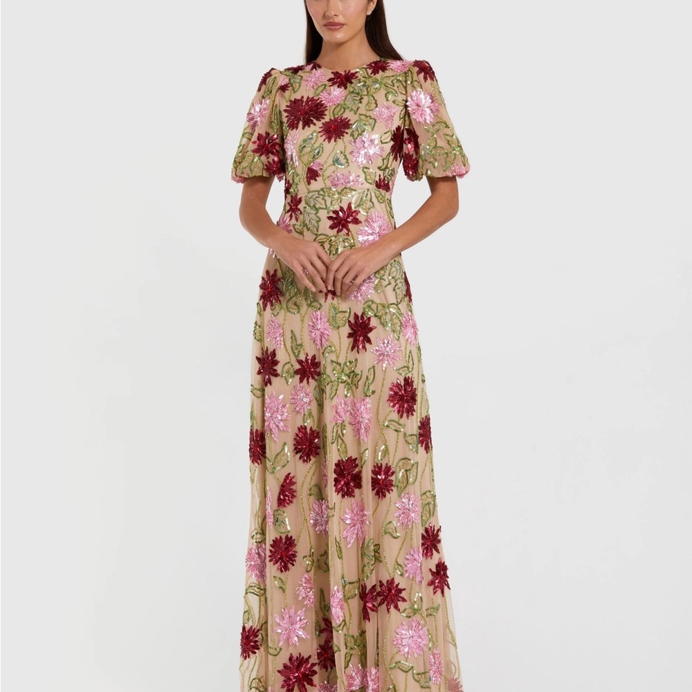 Mac Duggal Tan and Red Puff Sleeve Maxi Dress